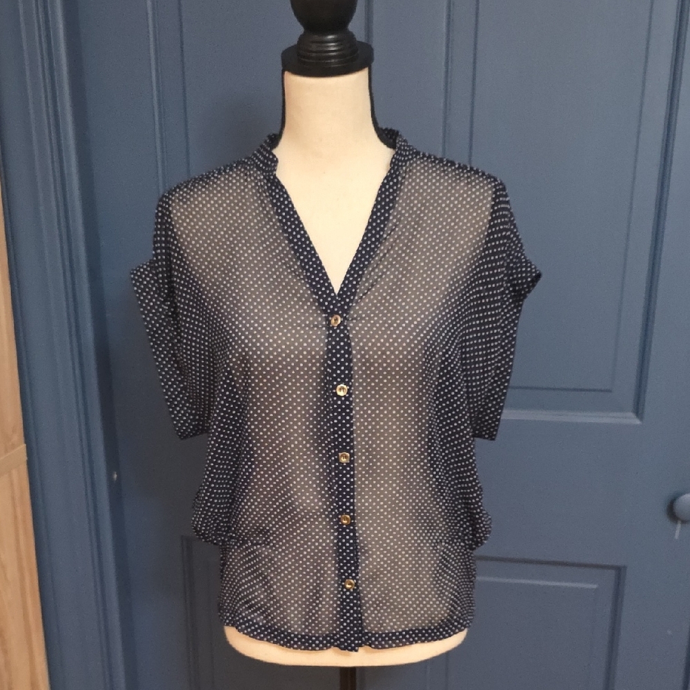 Topshop Navy Sheer Polka Dot Button-Up Blouse Sz 6